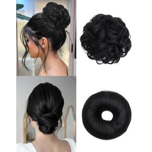 2PCS Messy Bun Hair Piece-Large Wavy Curly & Donut Updo Hair Pieces Set, Scrunchies Synthetic Chignon Ponytail Extensions Thick Updo for Women (Natural Black)