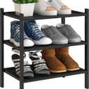BMOSU 3-Tier Bamboo Small Shoe Rack Premium Stackable Shoe Shelf Storage Organizer for Hallway Closet Living Room Entryway Organizer(Black)