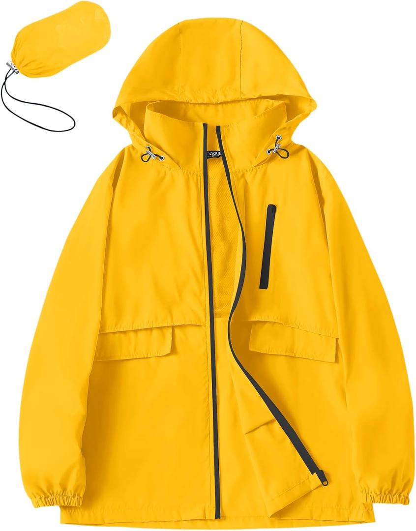 Avoogue Rain Jacket Women with Hooded Lightweight Waterproof Raincoats Packable Zipper Pockets Windbreakers, Large, Yellow