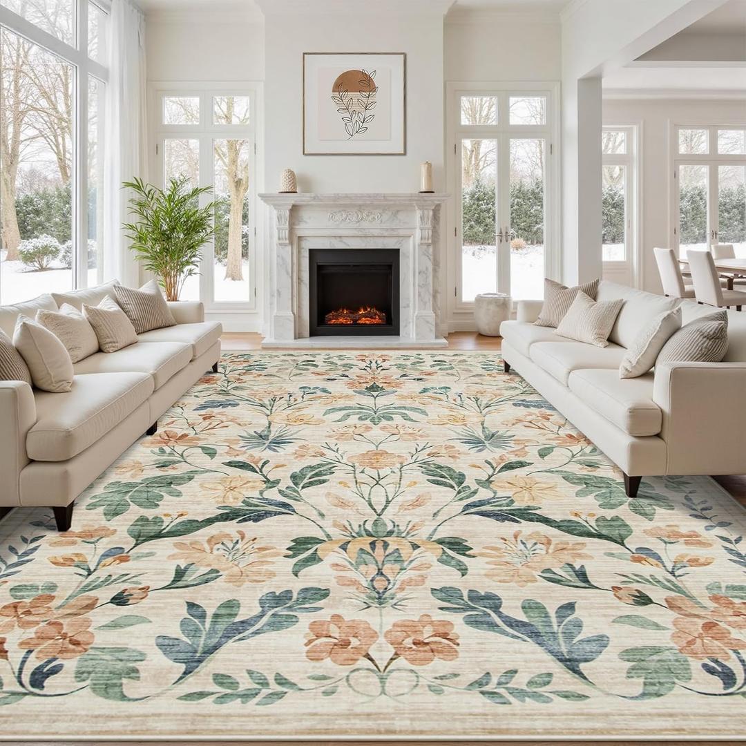 10x14 Area Rugs Boho Floral Washable Living Room Rug Neutral Carpet Bedroom | Beige, Farmhouse, Large, Playroom, Kids, Soft, Non-Slip, Non-Shedding, Stain Resistant, Dining Room, office, Indoor