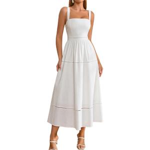 KUTUMAI Summer Corset Midi Dress Elegant Square Neck Flowy A Line Wedding Guest Tea Party Dresses for Women Sundress 2025 (White) L