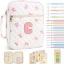 Personalized Initial Bible Cover Case for Women Girls Kid - Large Quilted Bible Case with Handle, Stylish Chenille Letter Bag Study Supplies, Perfect Christmas Gifts for Christians Women (Pink Bow-C)