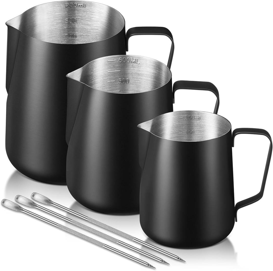 Maxdot 3 Pack Milk Frothing Pitcher 12 Oz, 20 oz and 30 oz Milk Frother Cup Stainless Steel Espresso Steaming Pitcher with Scale Frother Jug with Art Pen for Cappuccino Coffee Latte Art