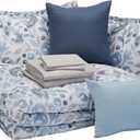 Amazon Basics Queen Comforter Set, Soft Microfiber, Machine Washable, Blue Watercolor Floral, 10-Piece