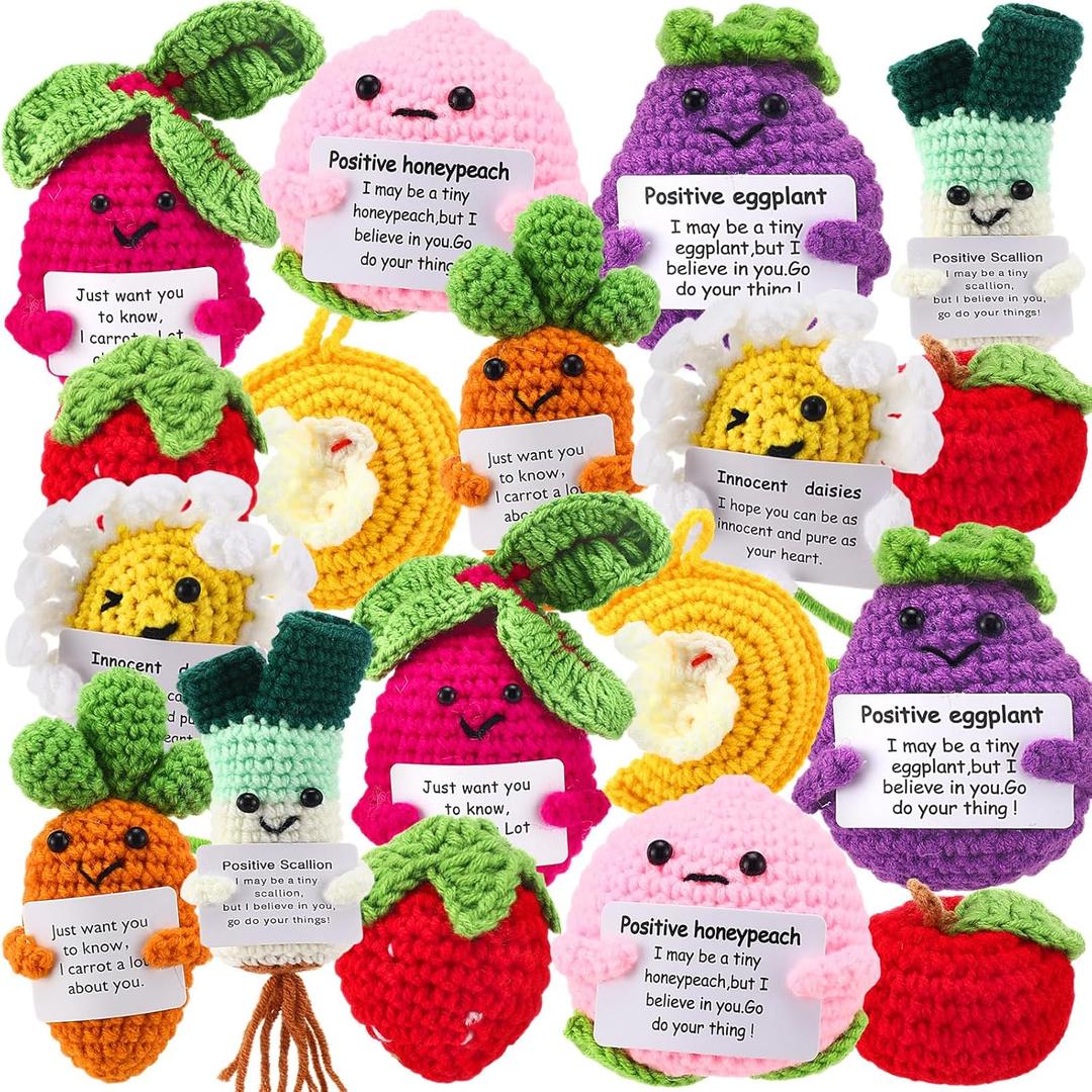 18 Pcs Mixed Positive Animal Emotional Dolls Bulk Encouragement Emotional Knitted Crochet Gifts with Positive Words for Friends Coworker Decorations for Home Office