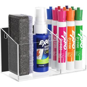 HBlife Magnetic Dry Erase Marker Holder for Whiteboard with 2 Compartments, Acrylic Wall Mount Magnet Pen Pencil Holder for Refrigerator, Locker Organizer Accessories for Classroom Office, Clear