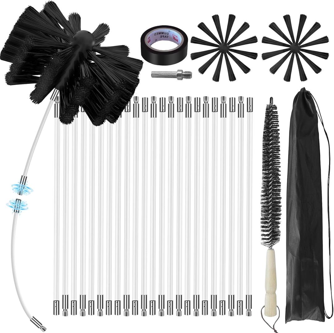 30Feet Chimney Sweep Kit - 6 in Brush Head, Dryer Vent Cleaner, Rotary Cleaning System for Flue/Fireplace/Sewage Pipe/Hood With 23 Nylon Flexible Rods (Regular)