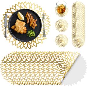 Geosar 200 Disposable Paper Placemats and Coasters Set Summer Hawaiian Luau Placemat with Coasters Outdoor Indoor for Greenery Jungle Dining Table Decoration Shower Birthday(Gold Round)