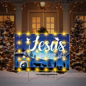 Blosssound 24 Inch Christmas Holy Nativity Yard Sign with Light Stakes Jesus Is the Reason for Season Lawn Sign Manger Scene Religious Xmas Yard Decor Outdoor for Xmas Outdoor Party Decor(Blue)