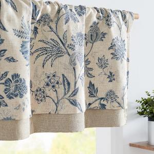 Vangao Linen Valance Curtain Farmhouse Cottage Floral Small Window Curtain Double Layer Light Filtering Drape for Kitchen Rustic Valance for Living Room 16 Inch Rod Pocket 1 Panel Blue on Beige