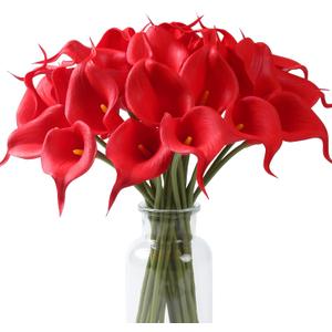 SITUMEIZI 24 PCS Red Fake Flowers Artificial Calla Lily Silk Flowers Real Touch for Mother's Day Easter Home Kitchen Decor Wedding Bouquet Office Spring Decoration