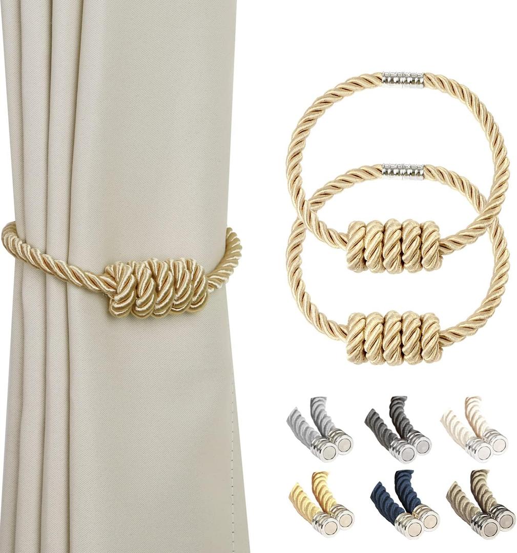 BEL AVENIR Magnetic Curtain Tiebacks, Decorative Drapery Holdbacks Modern Woven Tie-Backs with Exquisite Knot (Gold, 2 Pack)
