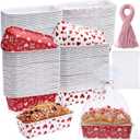 100 Set Valentine's Day Paper Loaf Pan for Baking 6.1 x 2.1 x 2.1 Inch Disposable Mini Cake Pans Liners with Clear Plastic Bags and Ties Rectangle Baking Supplies for Cake Bakery (Novel)