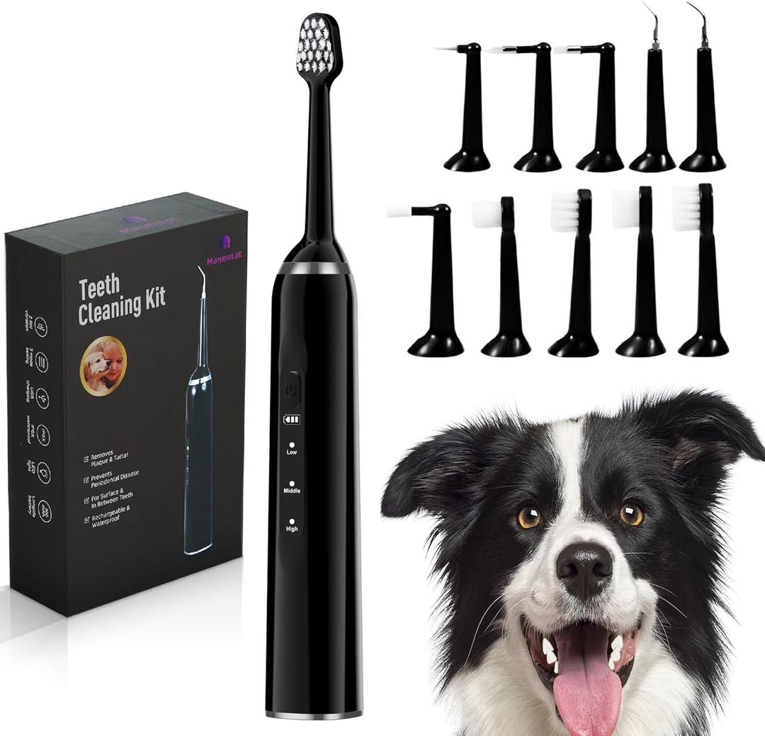 Dog Teeth Cleaning Kit, Sonic Toothbrush for Pets, Teeth Plaque Remover Brush Set with 3 Modes and 11 Replaceable Heads