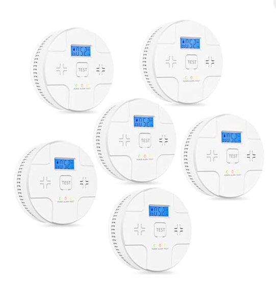 6 Packs,2 in 1 Technology, Smoke,Carbon Monoxide Detector, Co Alarm,85db Alert,LCD Readout,3 Color LED Indication,(Green Light Blinking at Work), with 3 AA Batteries,Easy Install,for Home and Kitchen