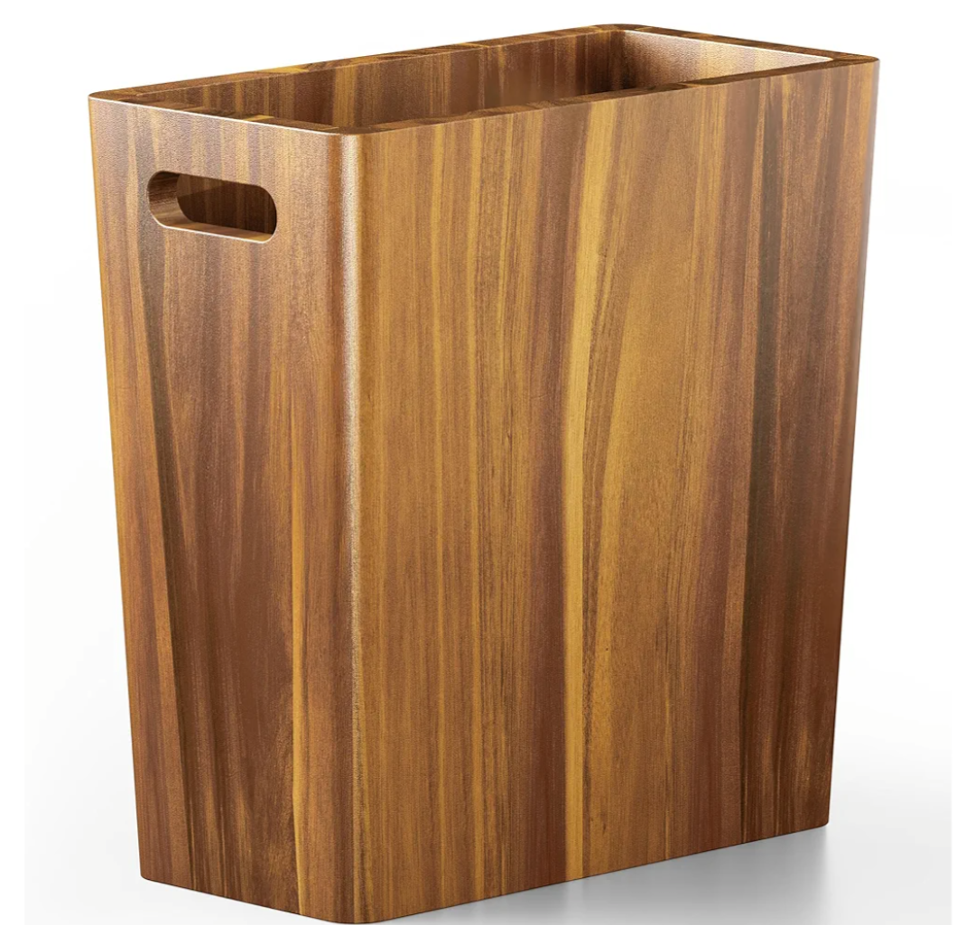 BLUEWEST 2.6 Gallons Wooden Wastebaskets – Solid Acacia Wood Trash Can with Handles, Rectangular Bin for Bathroom, Bedroom, Kitchen, Office – Brown Decorative Basket for Living Room or Under Counter