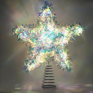 LAWOHO Christmas Tree Topper Star, Exquisite Christmas Decor, 10 Inch Shiny Iridescent Christmas Tree Decoration with 6H Timer, 20 Warm LED Lights for Xmas Tree, Holiday & Party, Indoor Decor