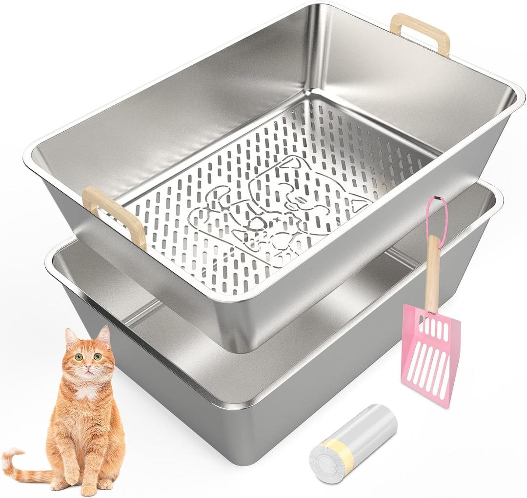 23.6''x16''x8'' Stainless Steel Sifting Cat Litter Box, XL Sifting Litter Box for Pine Pellets, High Sides Metal Litter Box System for Big Cats, Anti-Leakage, Easy Cleaning, Less Tracking