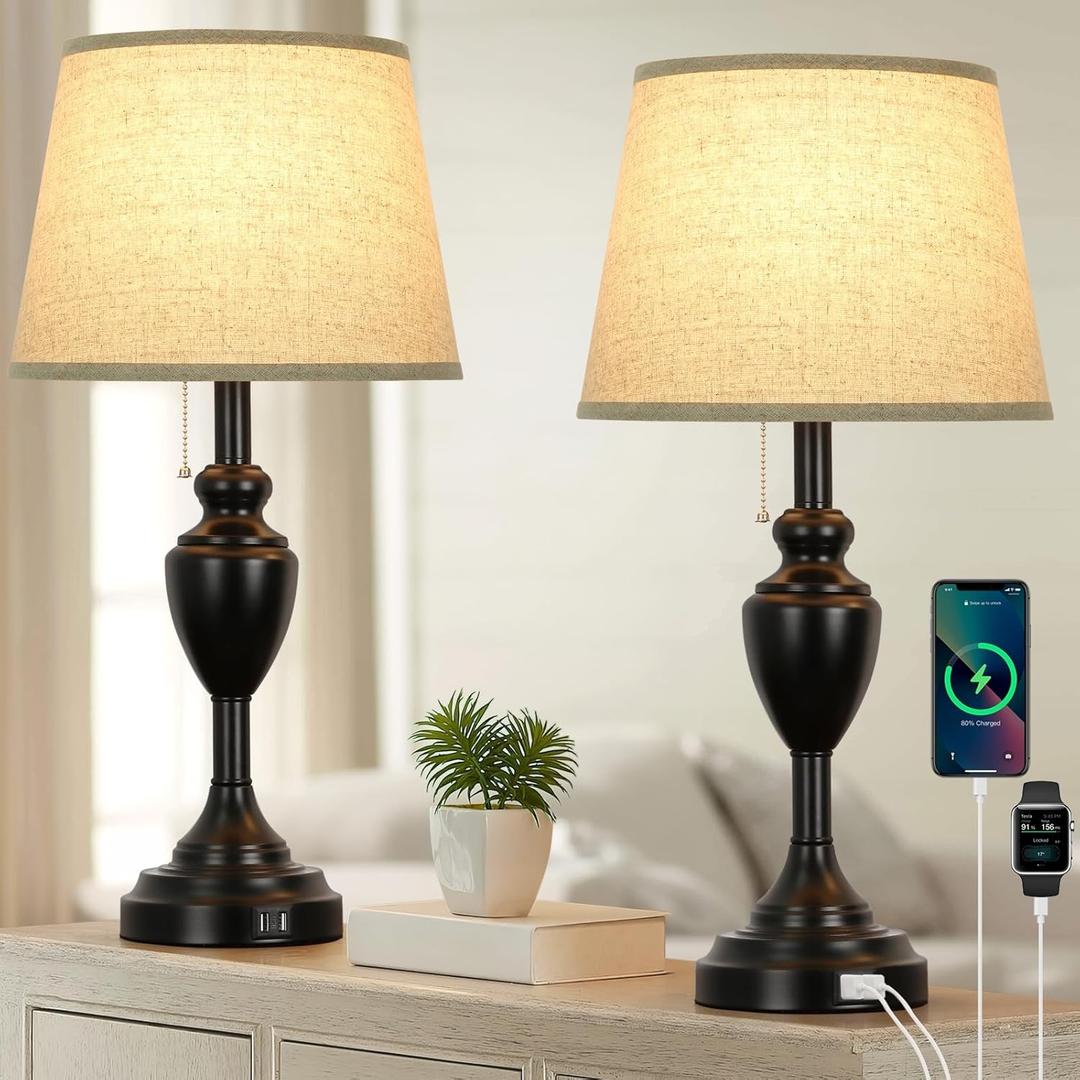 24" Tall Table Lamps with 2 USB Charging Ports, Farmhouse Rustic Bedside Nightstand Lamps for Bedrooms Set of 2, End Table Lamps Black for Living Room Office Dorm Reading