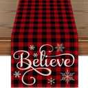 Artoid Mode Red and Black Buffalo Plaid Believe Table Runner, Seasonal Winter Christmas Holiday Kitchen Dining Table Decoration for Indoor Outdoor Home Party Decor 13 x 72 Inch