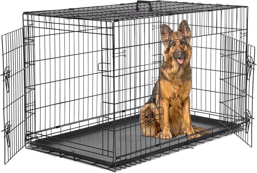 Dog Crate - Extra Large 48 Inch Double Door Portable Dog Cage, Metal Wire Pet Kennel with Secure Lock, Leak-Proof Pan Tray, Foldable Design for Dogs Pets Indoor Training and Outdoor Trave