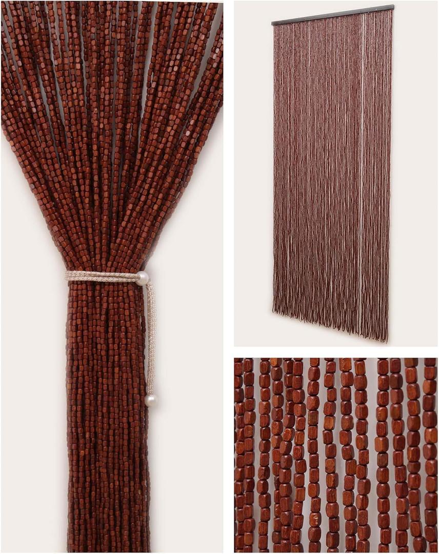 90 Strands Beaded Curtain for Doorways -35.5"x79"- Handmade Natural Beaded CurtainsBoho Doorway Wood and Bamboo Bead Curtain-As Insect Screen/Room Divider-Brown
