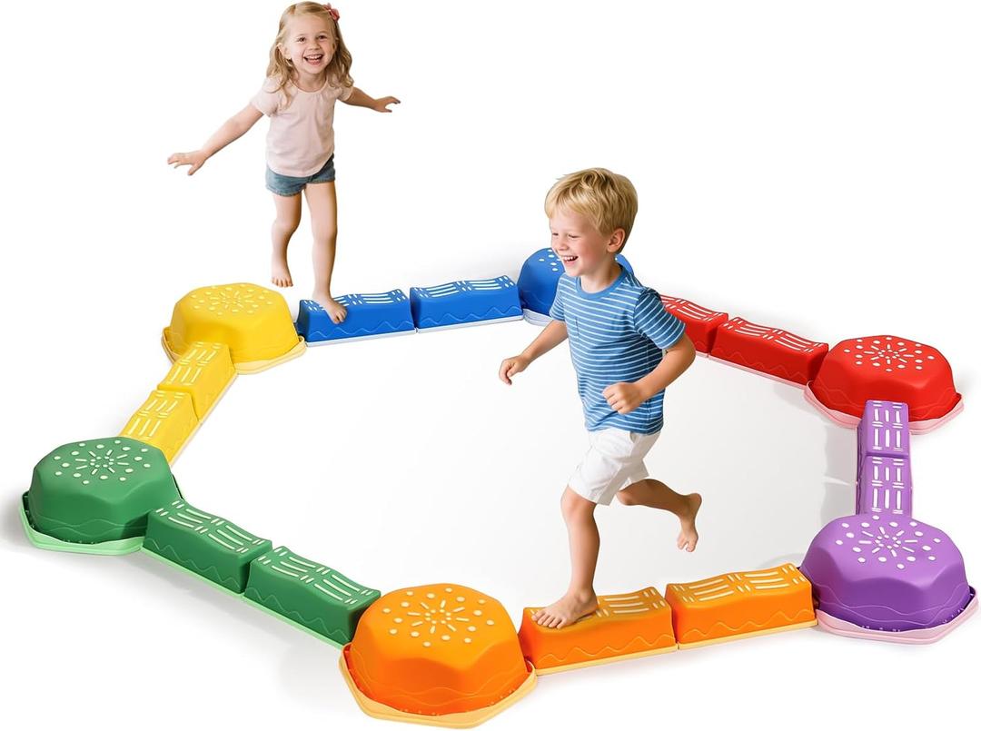 18 Pieces Non-Slip Balance Beam Stepping Stones for Kids 3 Years + Stackable Obstacle Course Balance Board for Toddlers Thicken Plastic Hold up 220LBS Indoor Outdoor Sensory Toy