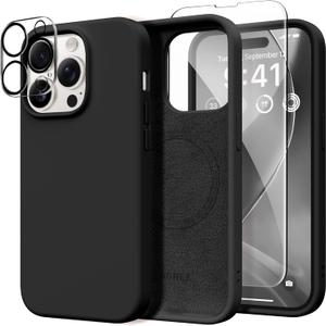 GONEZ for iPhone 14 Pro Case, Compatible with Magsafe, with Screen Protector + Camera Lens Protector, Soft Anti-Scratch Microfiber Lining, Shockproof Liquid Silicone Phone Cover, Black