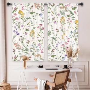 Short Small Wildflower Floral Boho Colorful Kitchen Curtains over Sink | 27.5"W x 39"L Green Leaves; colorfast print, 2 panels, rod pocket, easy to install,easy-care and washable.