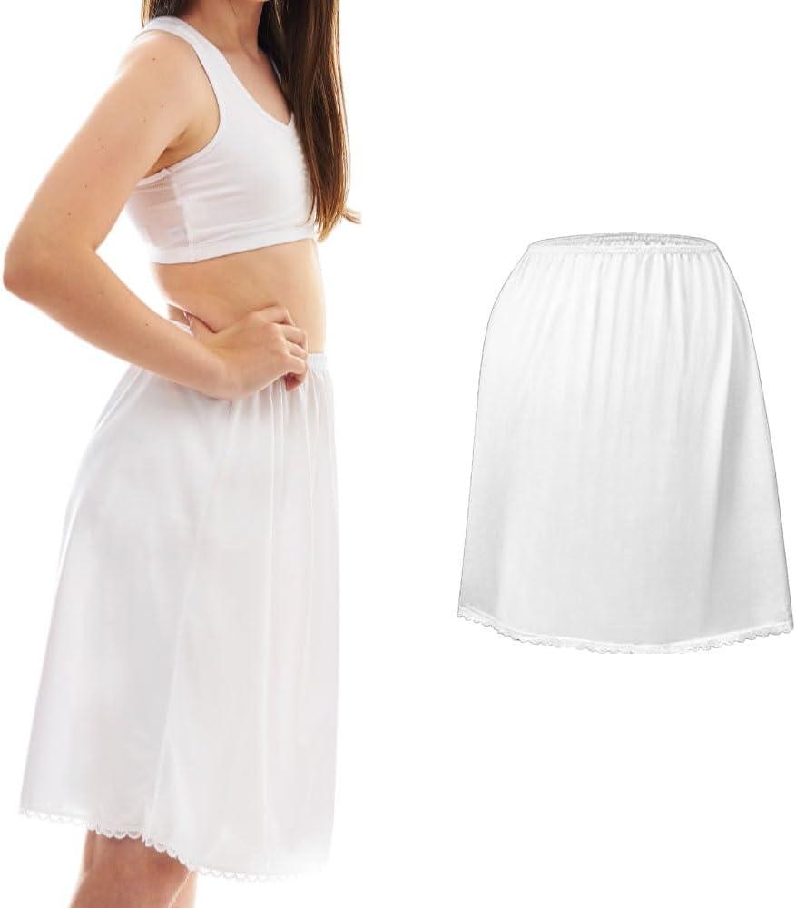 Girl's Half Slip Underdress, Non-cling, Silky Nylon Material, White or Black, Comfortable Covered Waistband and Lace Hemline (12-14)