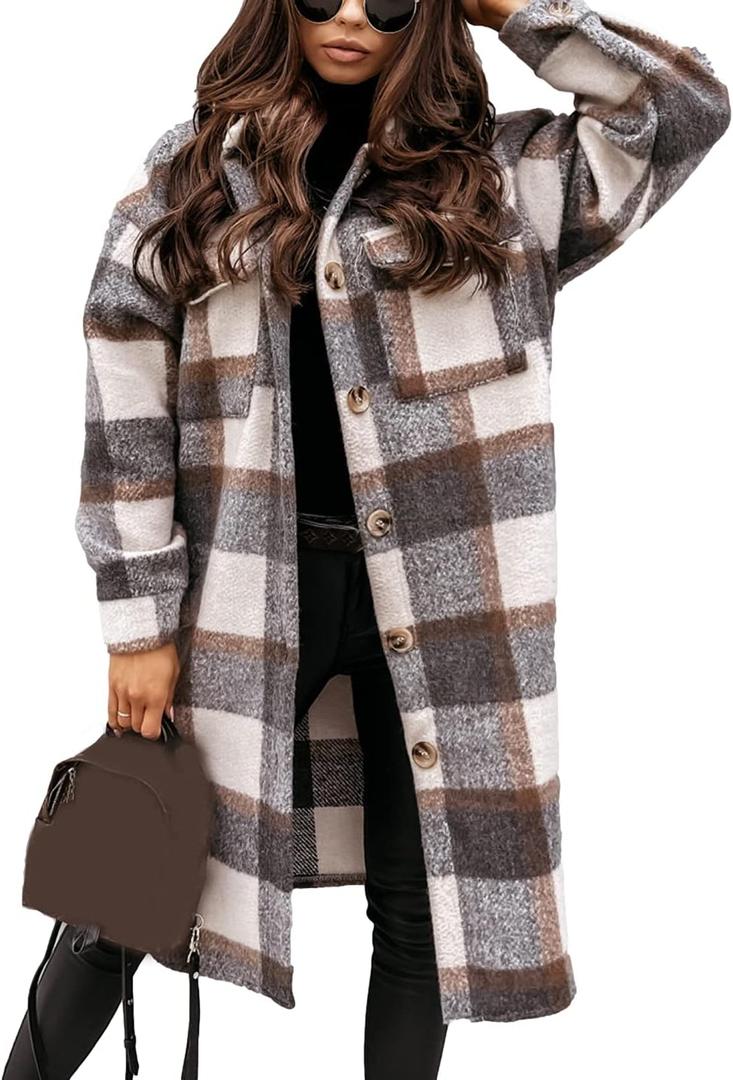 SKIKYAN Women Fall Flannel Plaid Shacket Jacket Oversized Button Down Long Shirt Jacket (X-Large, Darkgrey)