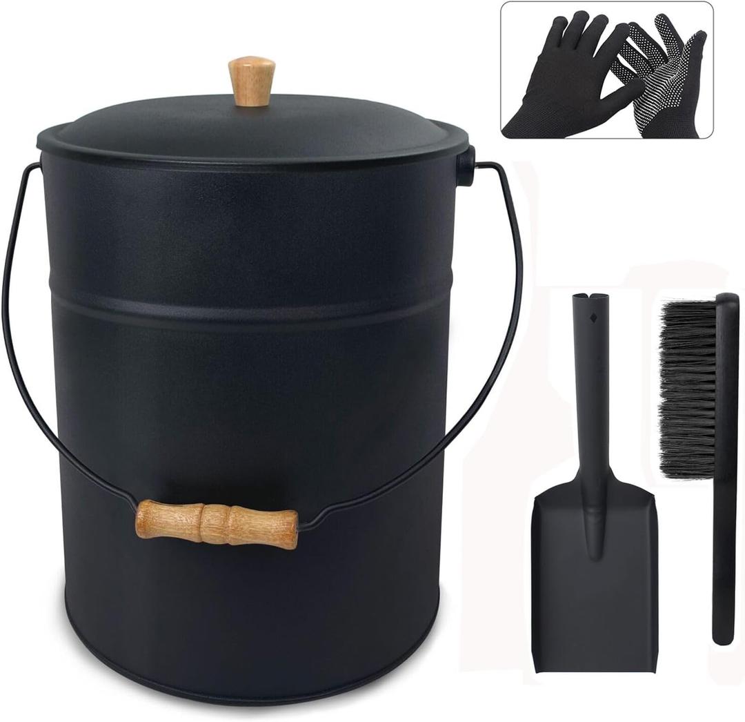Poofzy Ash Bucket with Lid and Shovel, 4 Gallon Fireplace Container for Ashes, Includes Hand Broom and Gloves for Fire Pit, Wood Burning Stove and Grill - 10" (ID) x 12" (H)