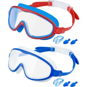 Rantizon Swim Goggles 2 Pack, Wide View Anti Fog&UV Swimming Goggles for Audlt, No Leaking Swim Glasses for Men Women Kids (Red Blue& Blue White)
