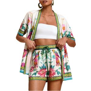 MakeMeChic Women's Two Piece Sets Summer Tropical Vacation Outfits Boho Floral Kimono Tops Shorts Set (Multicolor) XS