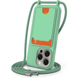Designed for iPhone 15 Pro Max Case, Liquid Silicone, Multi-Functional Card Pocket with Lanyard Strap, Adjustable Rope, Shockproof All-Round Protection, TPU Phone Case for iPhone 15 Pro Max, Mint
