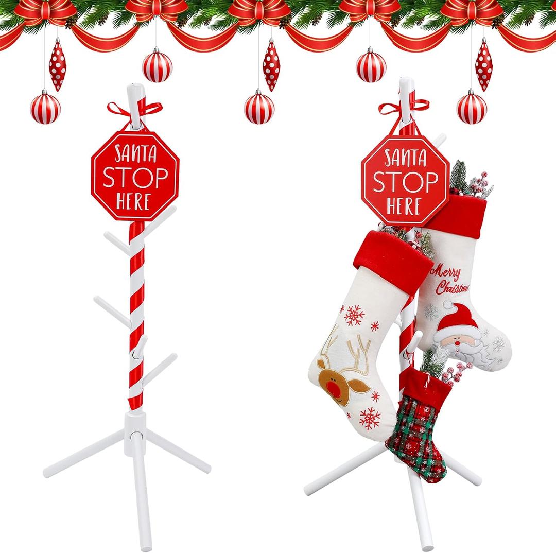 Geelin 47 Inch Christmas Wooden Stocking Holder Stand Freestanding Christmas Stocking Stand Rack with 7 Hooks with Red Ribbon for Xmas Living Bedroom Room