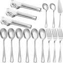 Serving Utensils, 15 Pcs Stainless Steel Large Flatware Serving Tools Kit, Included Spoons, Forks, Tongs, Slotted Spoon, Ladle, Cake Server for Kitchen Catering Banquet Wedding Buffet Party, Silver