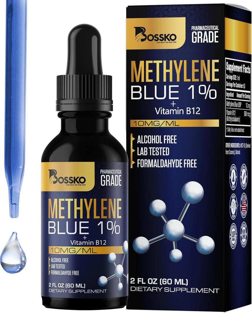 2 x Bossko Methylene Blue 1% Solution 99.99% Pure Pharmaceutical Grade with B12 & Magnesium | Brain & Cellular Support | Third-Party Tested Dietary Supplement Drops 60ml