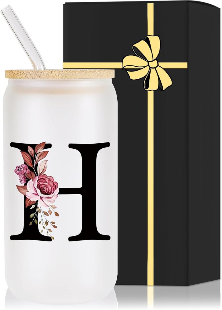 Monogrammed Glass Drinking Cup With Lid Straw Brides for Her Wedding Day Bridal Shower Bachelorette Party Engaged Engagement Cute Personalized Unique Cool Special Customized Best Present Gifts,H