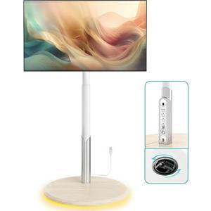 Floor Mobile TV Stand with Power Outlet, Rolling TV Cart for 27-65 Inch OLED LED Monitors, 6 Levels of Height Adjustment, Ambient Lighting on The Bottom Wheels Holds up to 88lbs, 400x400mm (Grain)