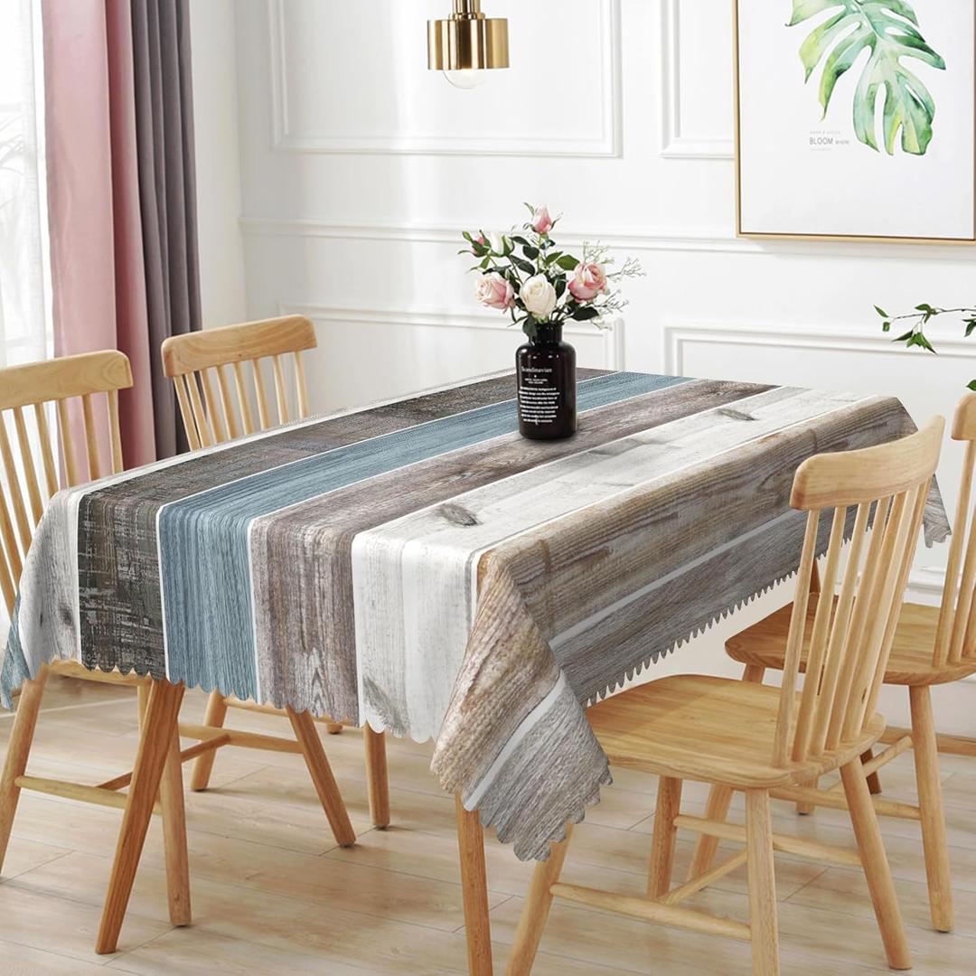 54x70inches Rustic Wood Tablecloth Blue Grey Grunge Wood Planks Barn Themed Rectangular Table Cover Waterproof Stain Resistant Fabric Table Cloth for Dining Room Kitchen Farmhouse Decor