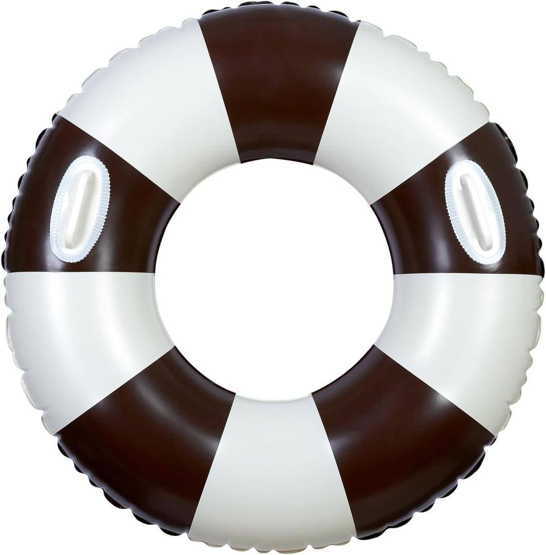 Large Swim Ring with Handles for Kids Adults, 35 Inch Classic Striped Pool Inner Tubes, Inflatable Pool Floats, Float Naked, Pool Floaties Adult Size for Summer Pool Party Beach (Brown)