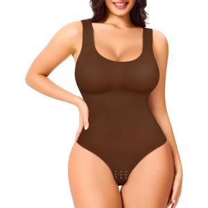 Eleady Shapewear Bodysuits for Women - Body Shaper Thong Tank Top Bodysuit Square Neck (3X-Large-4X-Large, Brown)