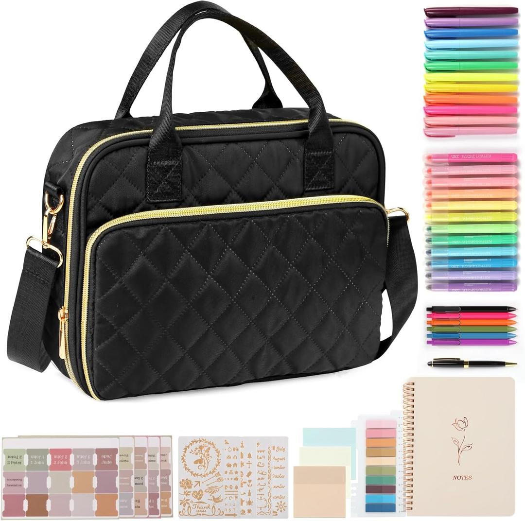 All-in-One Bible Journaling Kit  Quilted Bible Cover Case for Women, 31 Highlighters, 75 Tabs, Bible Study Supplies & Christian Gift for Women and Teens (Shoulder Strap, Black)
