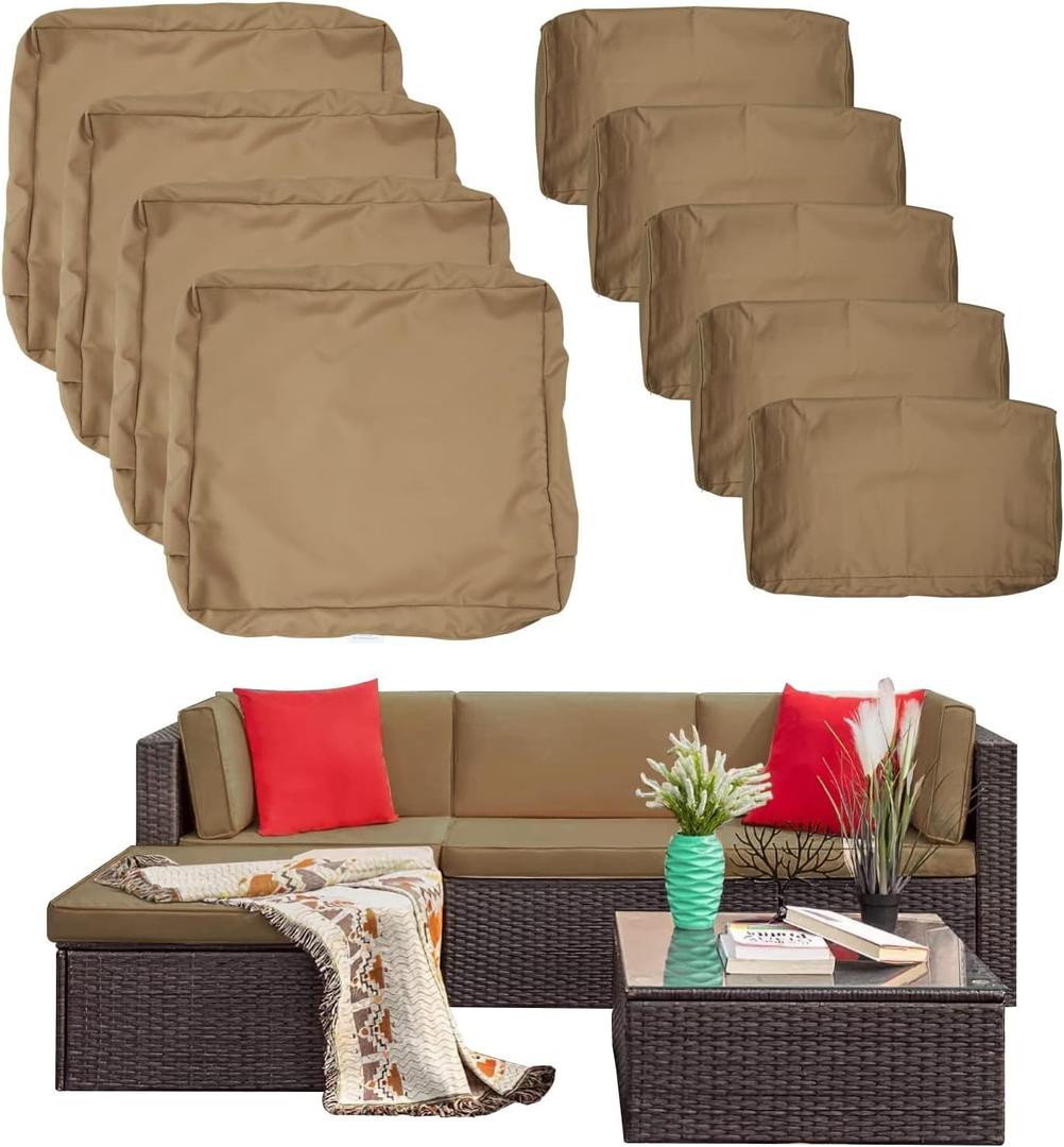 9 Pack Patio Cushion Covers Set Outdoor Furniture Cushion and Pillow Cover Replacement Fit for 5 Pieces 4-Seater Wicker Rattan Patio Sectional Sofa Chair Couch Set,Taupe-Cover Only (Small)