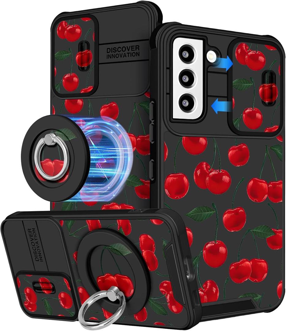 Buleens for Samsung Galaxy S22 Plus Case 6.6 Inch - with Ring Stand & Camera Cover Aesthetic Cute Designed Women Girls Girly Kawaii Cherry Design for Samsung S22 Plus Case Compatible with Magsafe