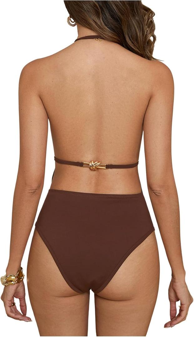SweatyRocks Women's Backless Skinny Halter Bodysuit Sleeveless Deep V Neck Leotard Top M