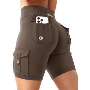 YEOREO CoreFlex Women Workout Biker Shorts with Cargo Pockets Hidden Scrunch High Waisted 8" Inseam Gym Shorts (Medium, Coffee)
