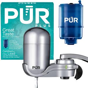 PUR Plus Vertical Faucet Mount Water Filtration System, LeadReducing Filter, GreatTasting, Easy Install, Lasts 100 Gallons, Faucet Water Filter, Compatible with Sinks with External Aerators, Chrome