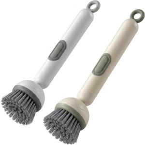 Li&Zhao Dish Brush with Soap Dispenser Kitchen Sink Brush with Built-in Liquid Dispenser Wall Mount for Adjustable Angle Rotating, Heavy-Duty Dish Soap Brush for Sink, Stove, Cookware (2 Pack)
